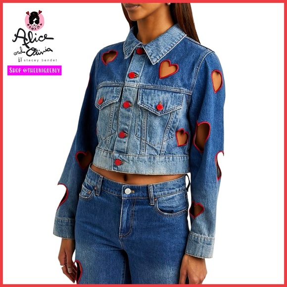 Alice + Olivia Jeff Heart Embroidered Cropped Denim Jacket - Picture 5 of 16